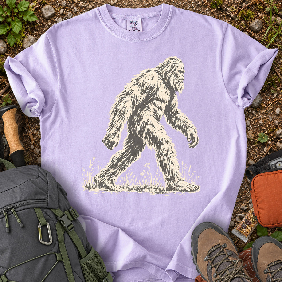 Sasquatch in Wildflowers Bigfoot graphic T-shirt
