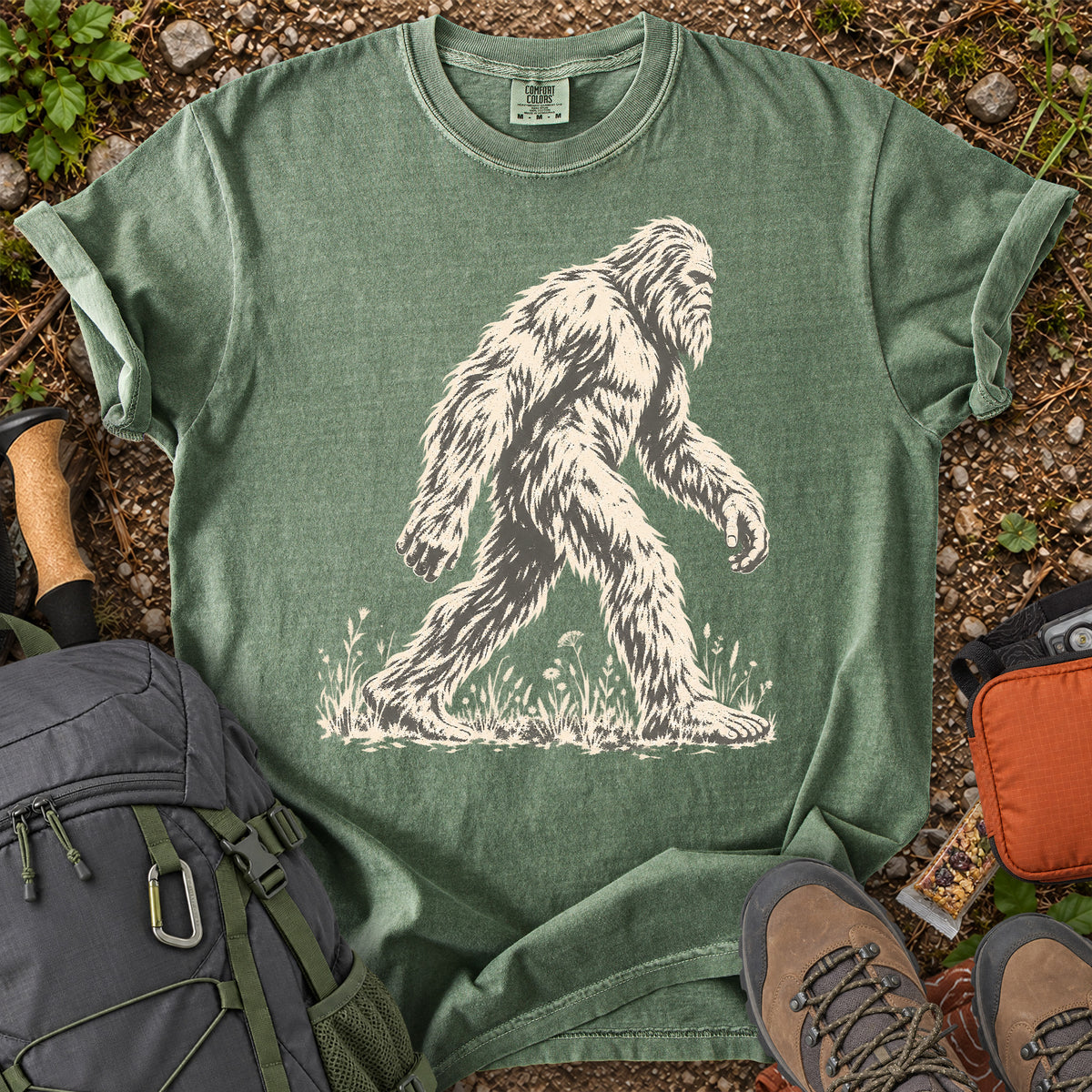Sasquatch in Wildflowers Bigfoot graphic T-shirt