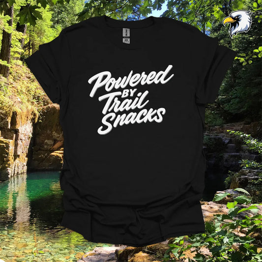 “Powered by Trail Snacks” Hiking T-Shirt – Bold Script Graphic