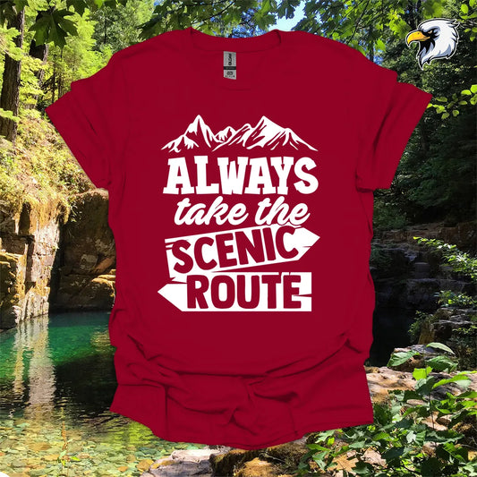 “Always Take the Scenic Route” hiking t-shirt – Mountain Graphic