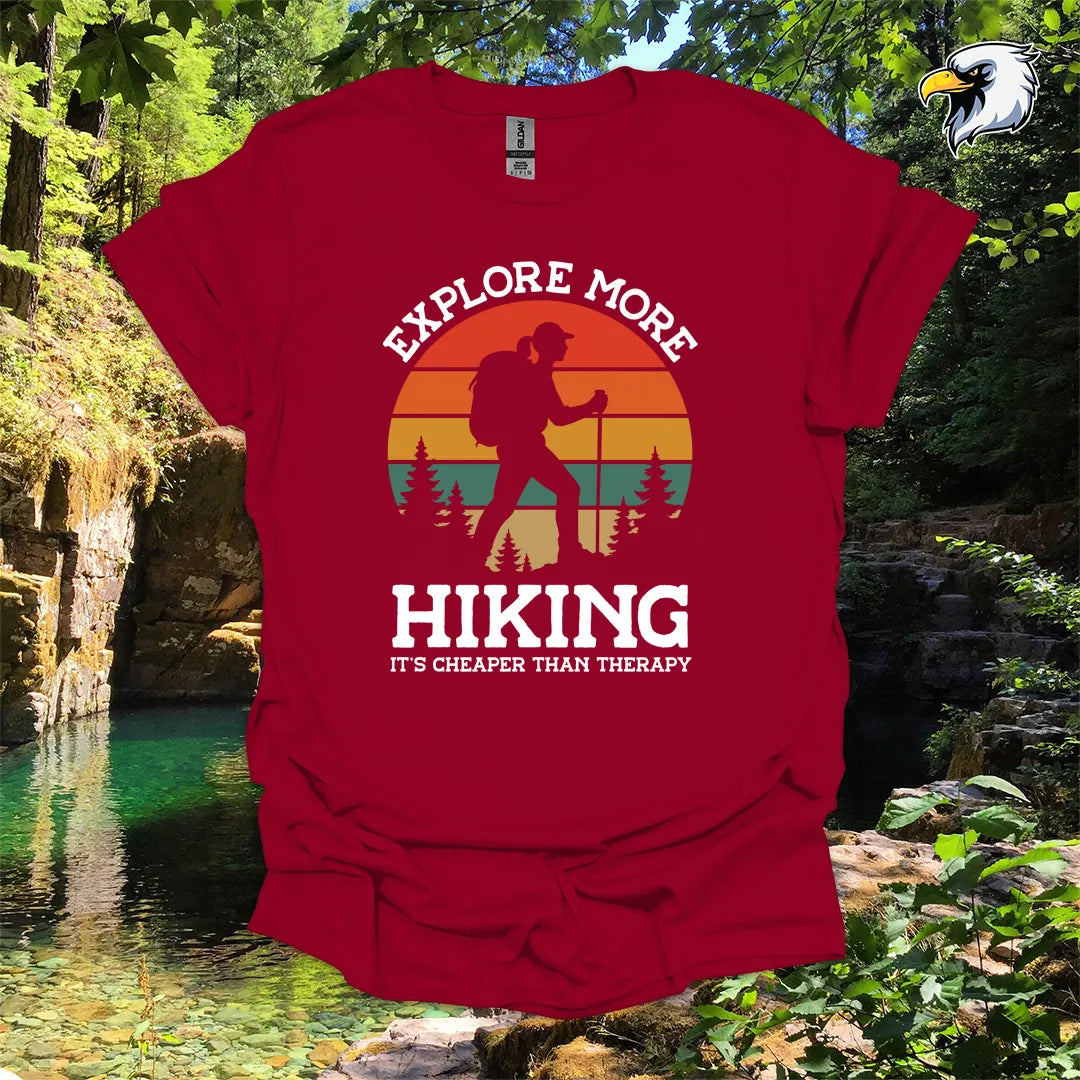 “Explore More Hiking, It’s Cheaper Than Therapy” women's hiking t-shirt – Retro Sunset Graphic