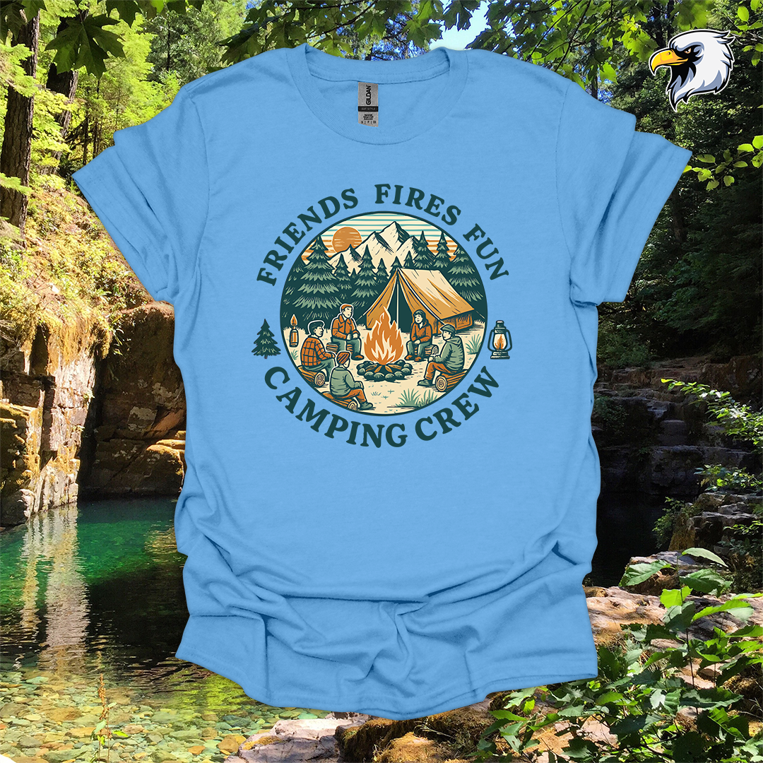 “Friends Fires Fun Camping Crew” hiking t-shirt – Vintage Campfire Graphic