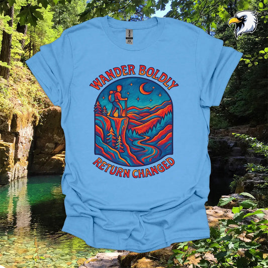 “Wander Boldly Return Changed” hiking t-shirt – Vibrant Mountain Graphic