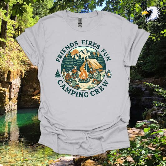 “Friends Fires Fun Camping Crew” hiking t-shirt – Vintage Campfire Graphic