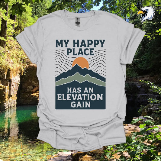 “My Happy Place Has an Elevation Gain” Hiking T-Shirt – Mountain Graphic