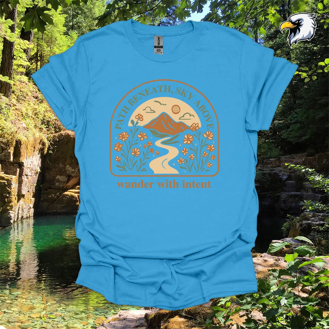 “Path Beneath, Sky Above” hiking t-shirt – Mountain & Wildflower Graphic