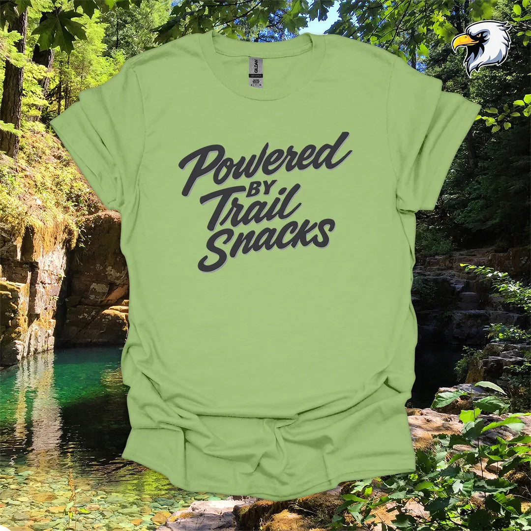 “Powered by Trail Snacks” Hiking T-Shirt – Bold Script Graphic