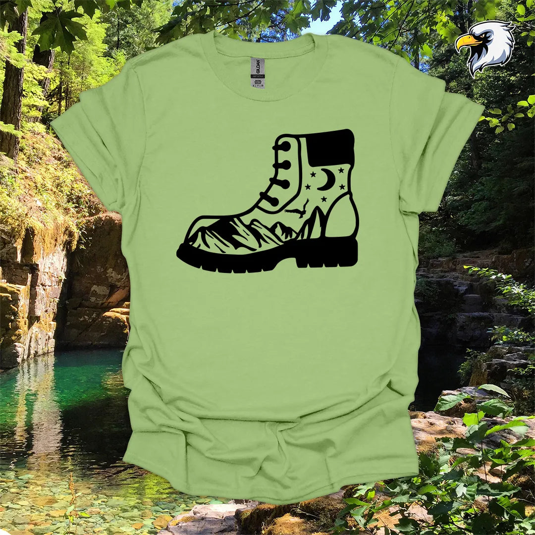 “Hiking Boots, Mountain Views” hiking t-shirt – Night Sky Graphic