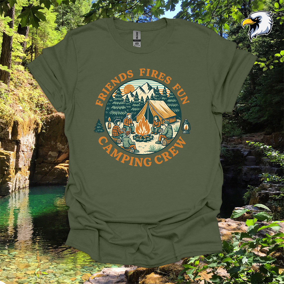 “Friends Fires Fun Camping Crew” hiking t-shirt – Vintage Campfire Graphic