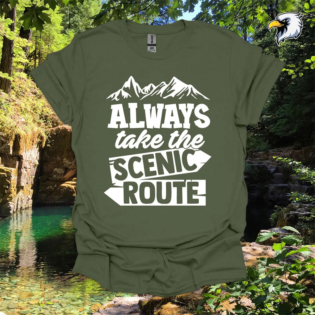 “Always Take the Scenic Route” hiking t-shirt – Mountain Graphic