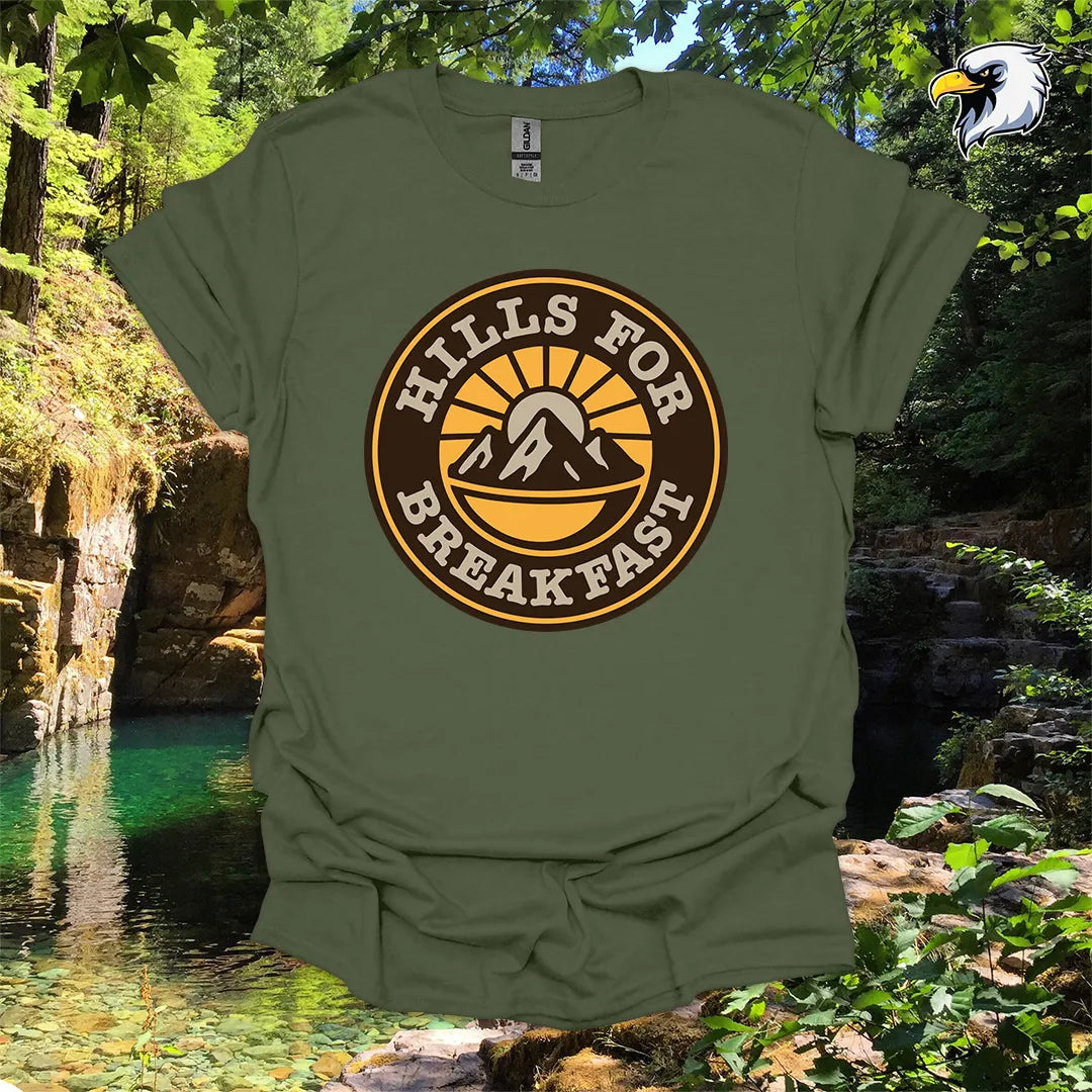 “Hills for Breakfast” hiking t-shirt – Retro Mountain Graphic