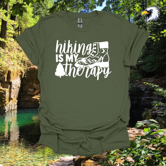 “Hiking Is My Therapy” hiking t-shirt – Boot and Mountain Graphic