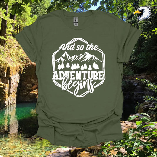 “And so the Adventure Begins” hiking t-shirt – Mountain Graphic