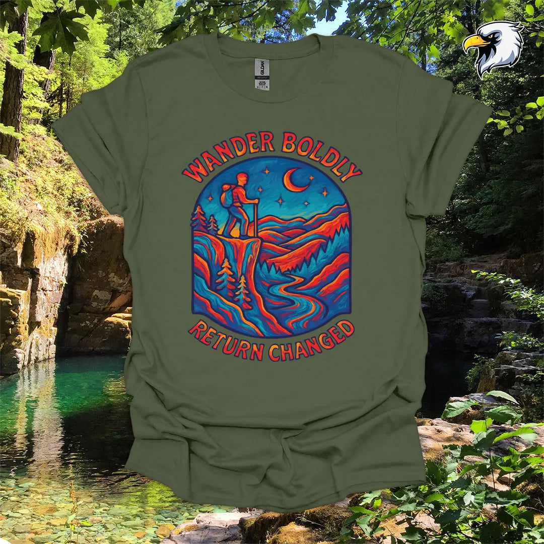 “Wander Boldly Return Changed” hiking t-shirt – Vibrant Mountain Graphic