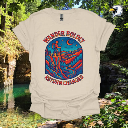 “Wander Boldly Return Changed” hiking t-shirt – Vibrant Mountain Graphic