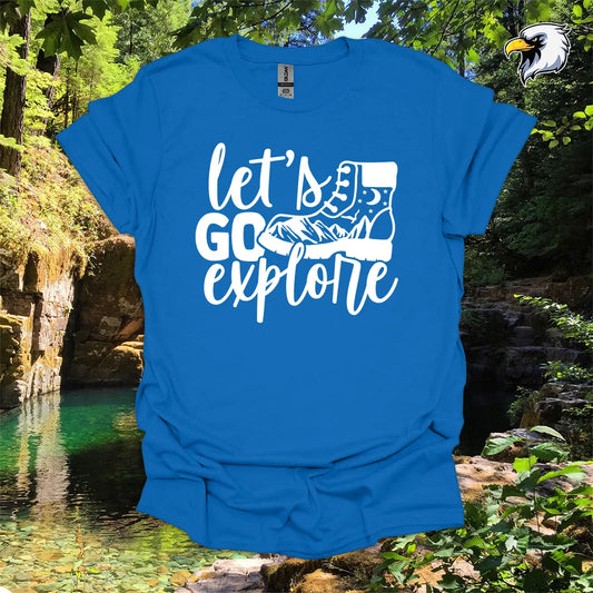 “Let’s Go Explore” hiking t-shirt – Boot and Mountain Graphic