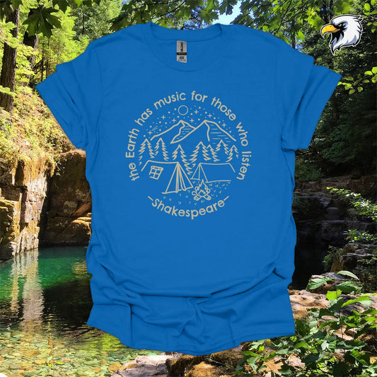 “The Earth has music for those who listen” hiking t-shirt – Campfire Mountain Graphic