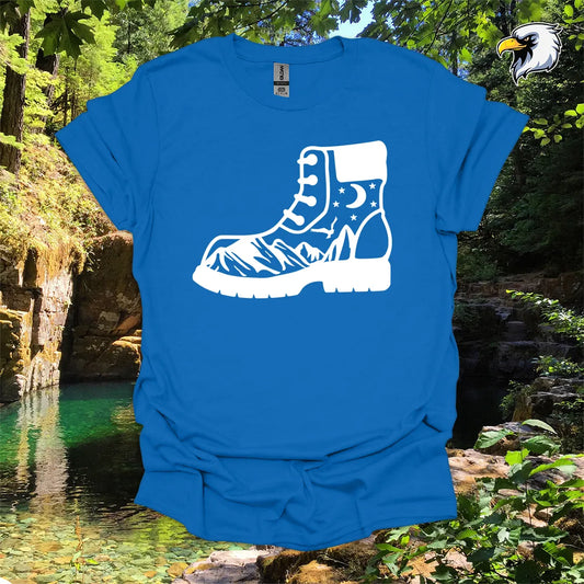 “Hiking Boots, Mountain Views” hiking t-shirt – Night Sky Graphic