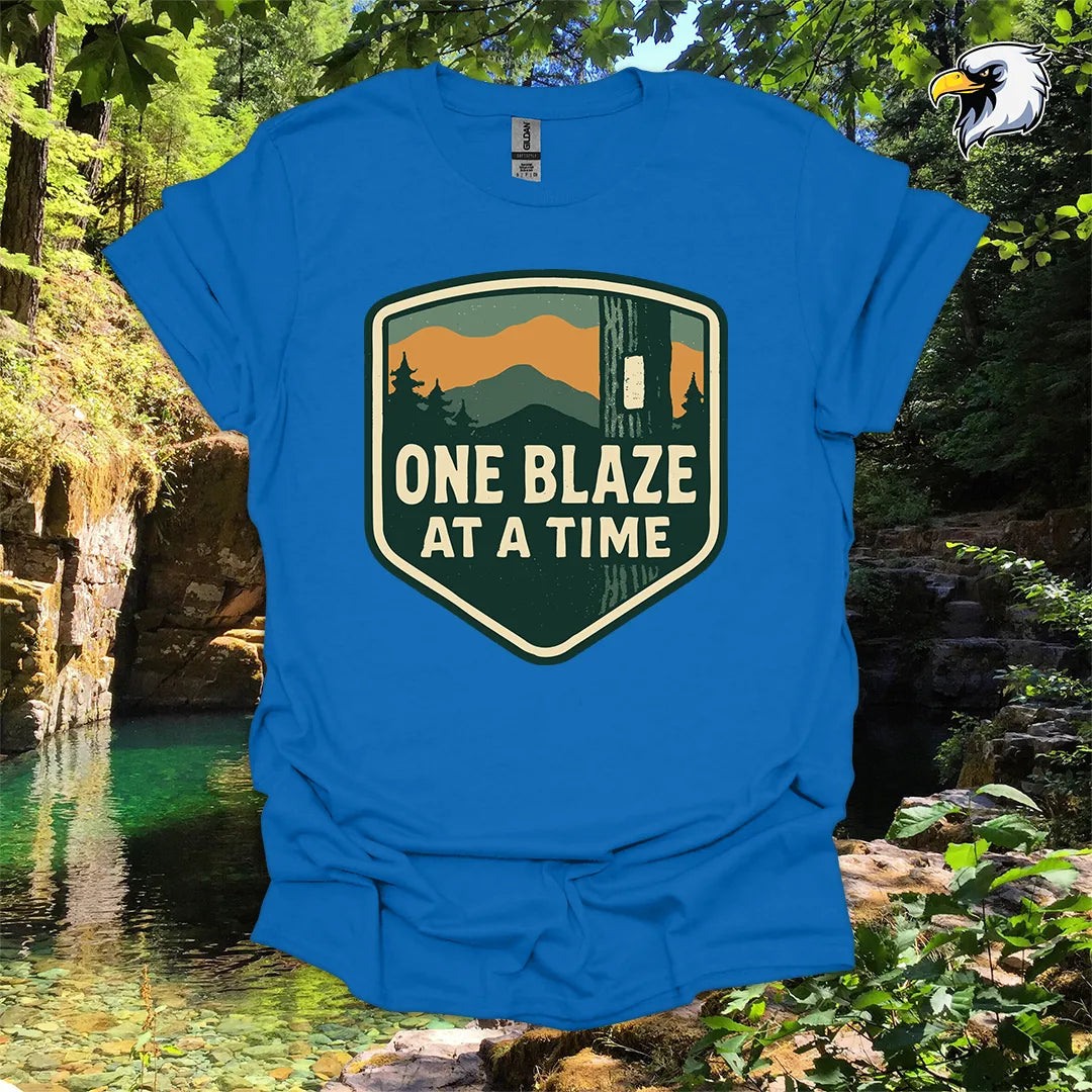 “One Blaze at a Time” Hiking T-Shirt – Mountain Badge Graphic