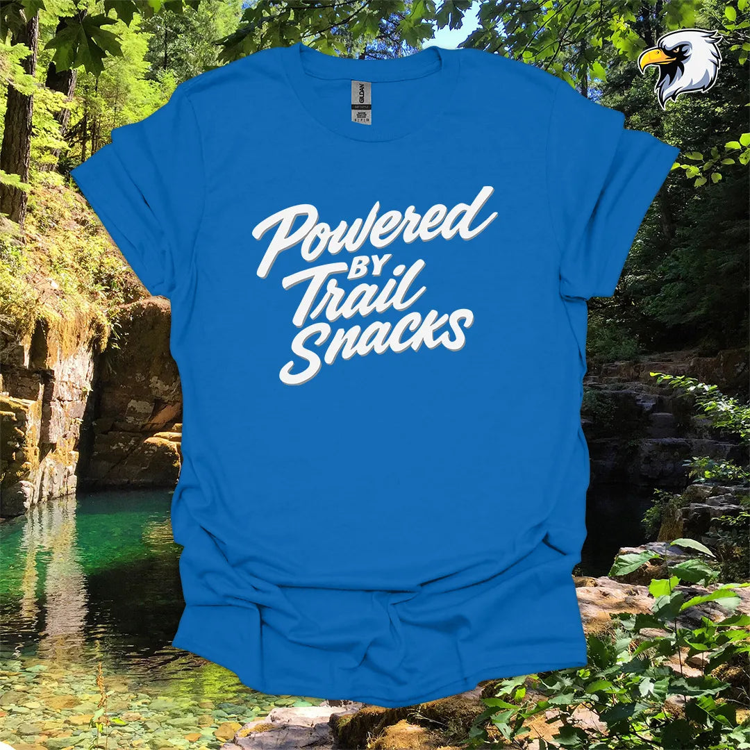 “Powered by Trail Snacks” Hiking T-Shirt – Bold Script Graphic