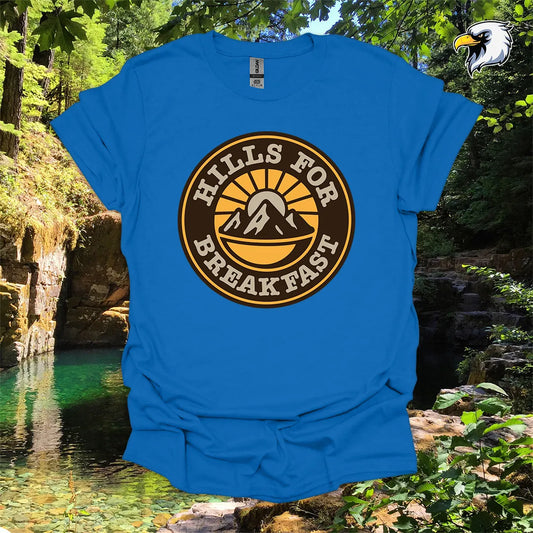 “Hills for Breakfast” hiking t-shirt – Retro Mountain Graphic