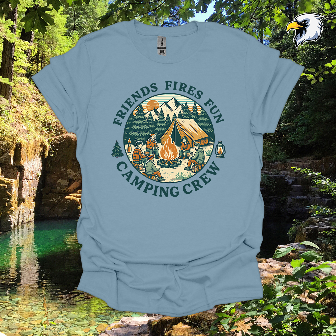 “Friends Fires Fun Camping Crew” hiking t-shirt – Vintage Campfire Graphic