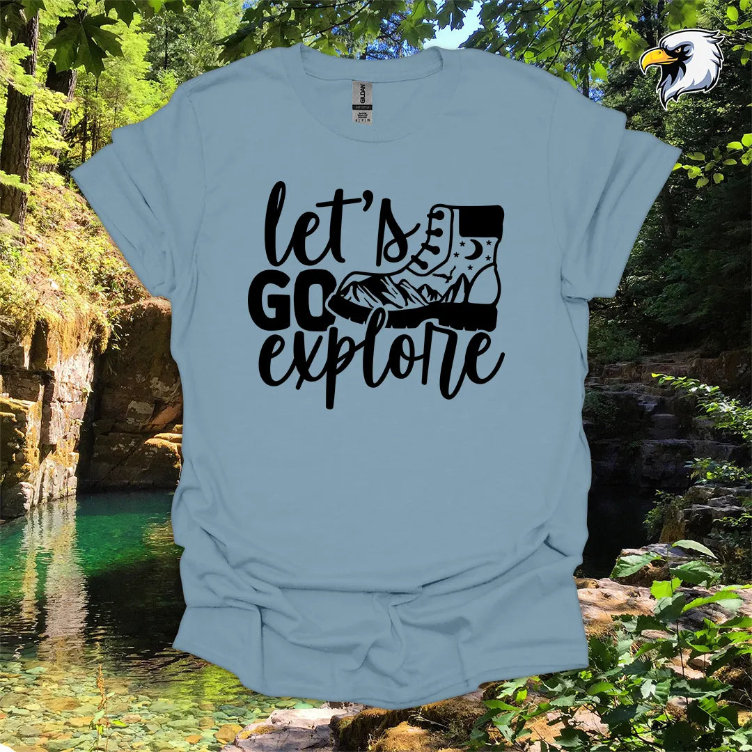 “Let’s Go Explore” hiking t-shirt – Boot and Mountain Graphic