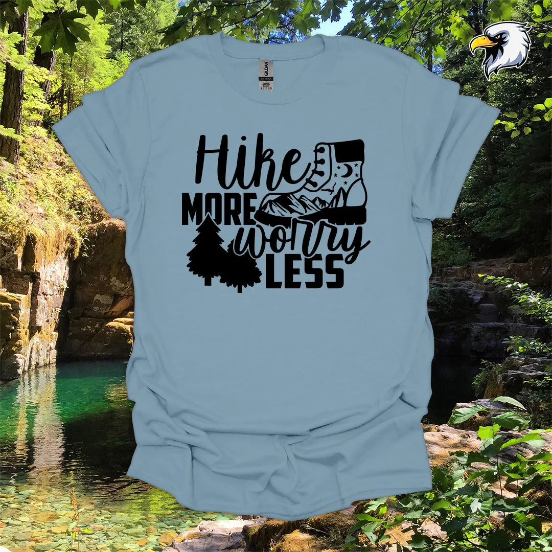 “Hike More Worry Less” hiking t-shirt – Mountain Boot Graphic
