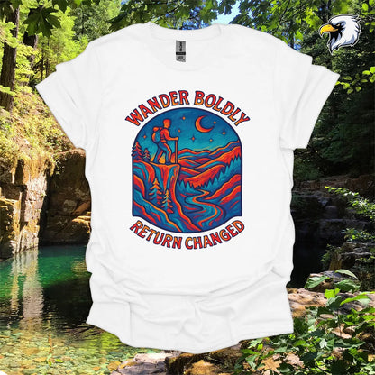 “Wander Boldly Return Changed” hiking t-shirt – Vibrant Mountain Graphic