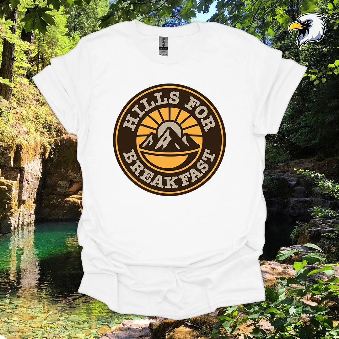 “Hills for Breakfast” hiking t-shirt – Retro Mountain Graphic