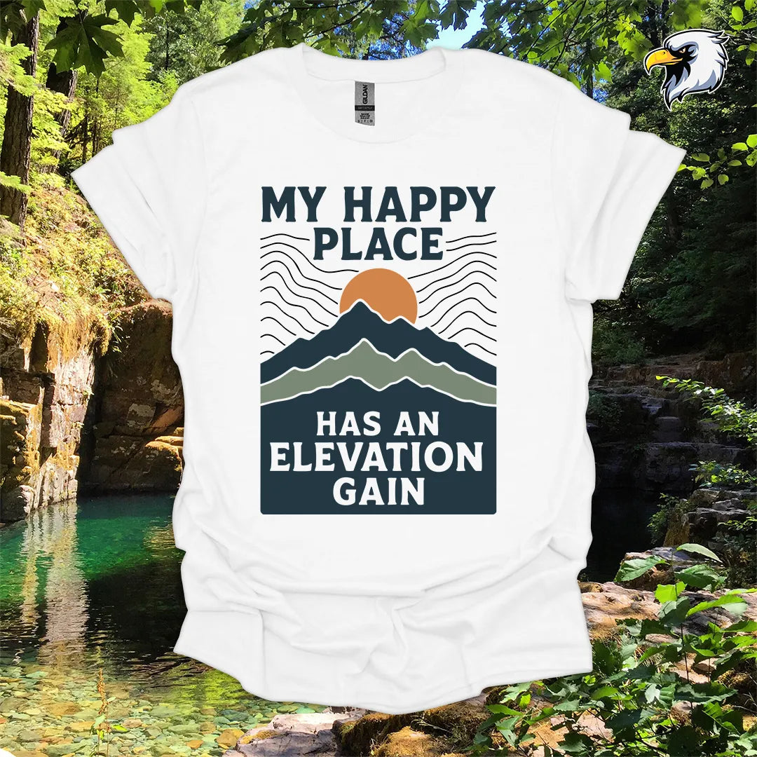 “My Happy Place Has an Elevation Gain” Hiking T-Shirt – Mountain Graphic
