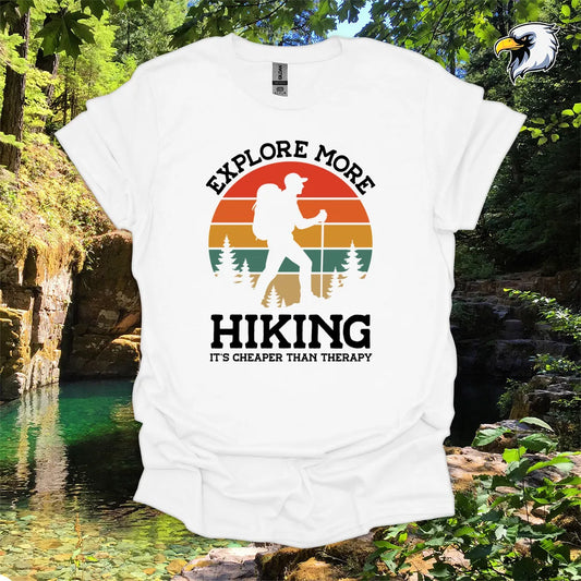 “Explore More Hiking, It’s Cheaper Than Therapy” men's hiking t-shirt – Retro Sunset Graphic